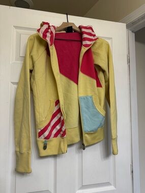 Volcom Yellow Zip Hoodie with Pink and Light Blue Accents